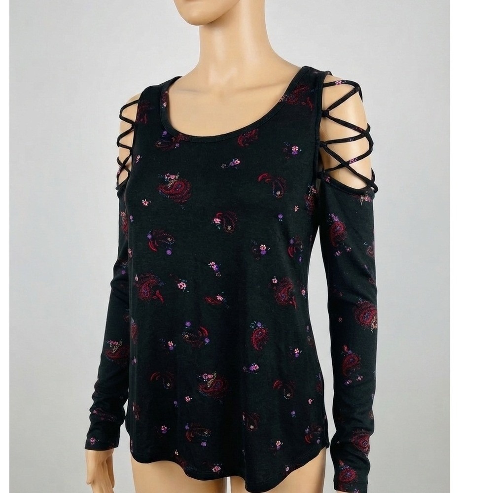 Mudd Womens whimsi Black Paisley Floral Cold Shoulder Strappy Long Sleeve Top